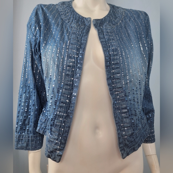 Chico's 100%cotton all sequins open front blue jean jacket size 1 Medium - Picture 2 of 16
